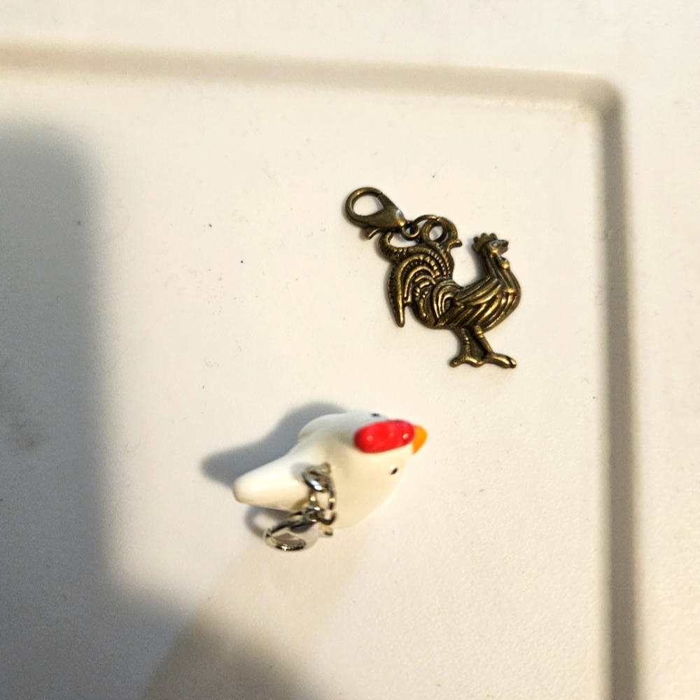 Bronze Rooster and White Chicken Charms NWOT